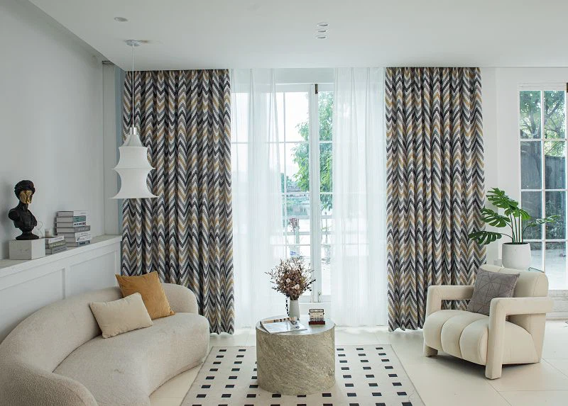 پارچه پرده کتان ارزن با چاپ الگوی موج